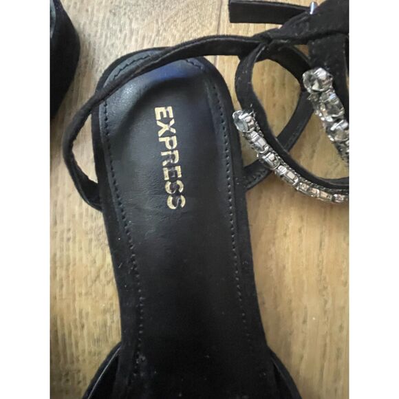 Express Black Rhinestone Heels Size 7 Pointed Toe Ankle Strap Dress Shoes - Picture 8 of 10